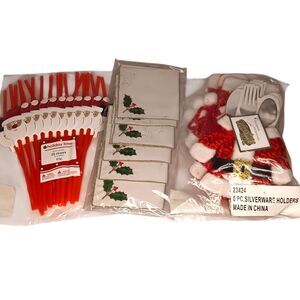 VTG Christmas Lot Cocktail Napkins Silverware Holders Straws New In Packages NOS